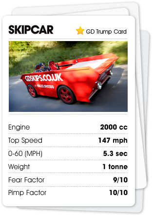 Skipcar, veículo promocional em formato de caçamba, na imagem do acervo.