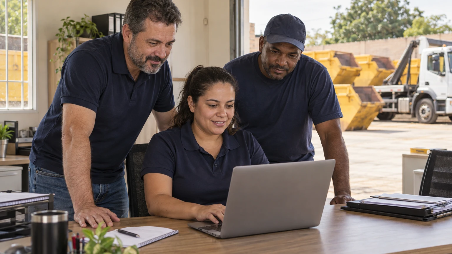Cena de teste de software de caçambas com três pessoas reunidas em torno de um notebook na locadora.