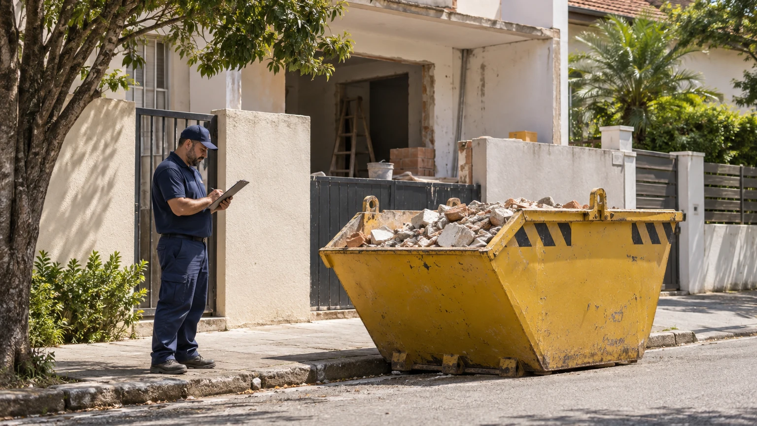 Profissional com prancheta e caçamba junto à obra, ilustrando o controle de caçambas na rua.
