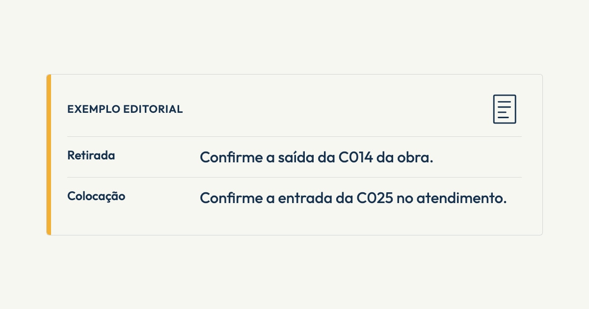 Ilustração editorial sobre troca de caçamba. Composição document. Retirada: Confirme a saída da C014 da obra.. Colocação: Confirme a entrada da C025 no atendimento.. Sem captura de tela do produto.