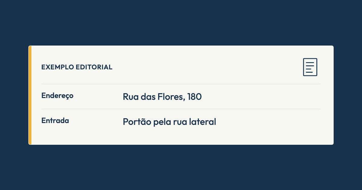 Ilustração editorial sobre endereço da obra. Composição document. Endereço: Rua das Flores, 180. Entrada: Portão pela rua lateral. Sem captura de tela do produto.
