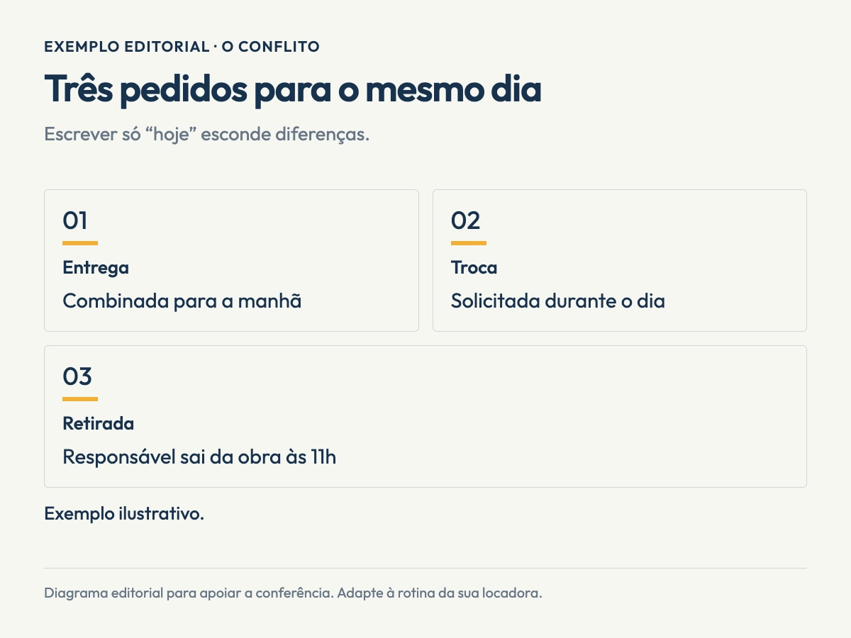 Infográfico editorial sobre prioridade de serviços na locadora. Três pedidos para o mesmo dia. Entrega: Combinada para a manhã. Troca: Solicitada durante o dia. Retirada: Responsável sai da obra às 11h. Exemplo editorial; não representa uma tela do software.