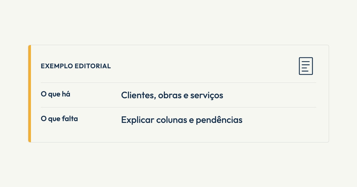 Ilustração editorial sobre planilha para migração. Composição document. O que há: Clientes, obras e serviços. O que falta: Explicar colunas e pendências. Sem captura de tela do produto.